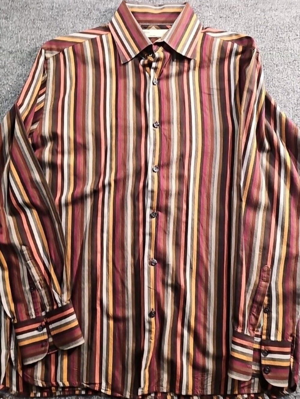 Perry Ellis Men's Long Sleeve Stripped Shirt Brown Orange Grey Dress Shirt  M